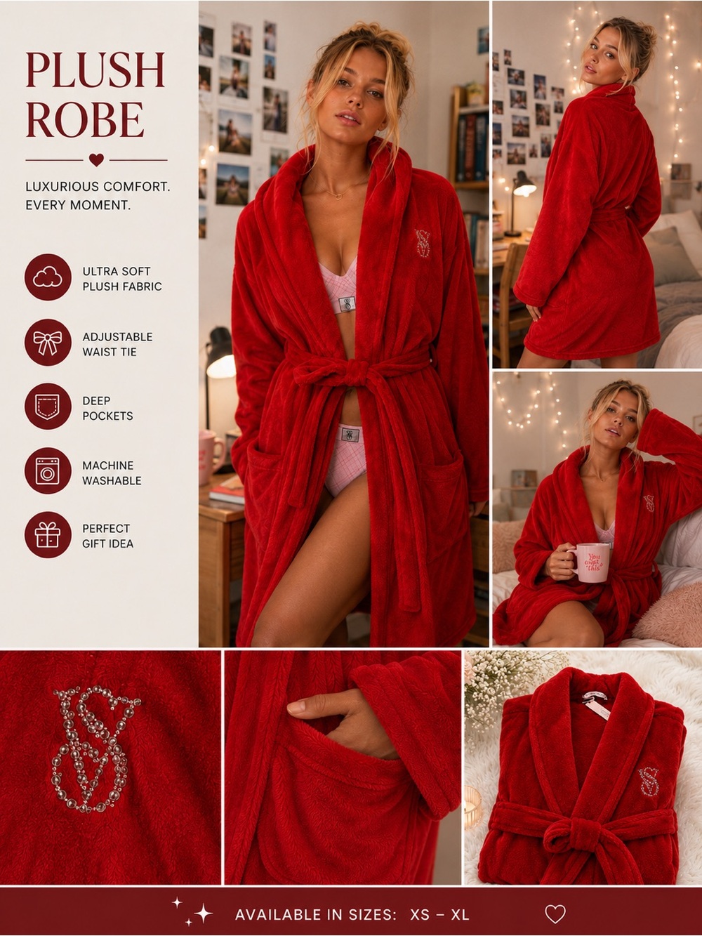 NWT Victoria’s Secret Plush Fleece Robe Red Rhinestone Logo XS/S Soft Cozy Belte